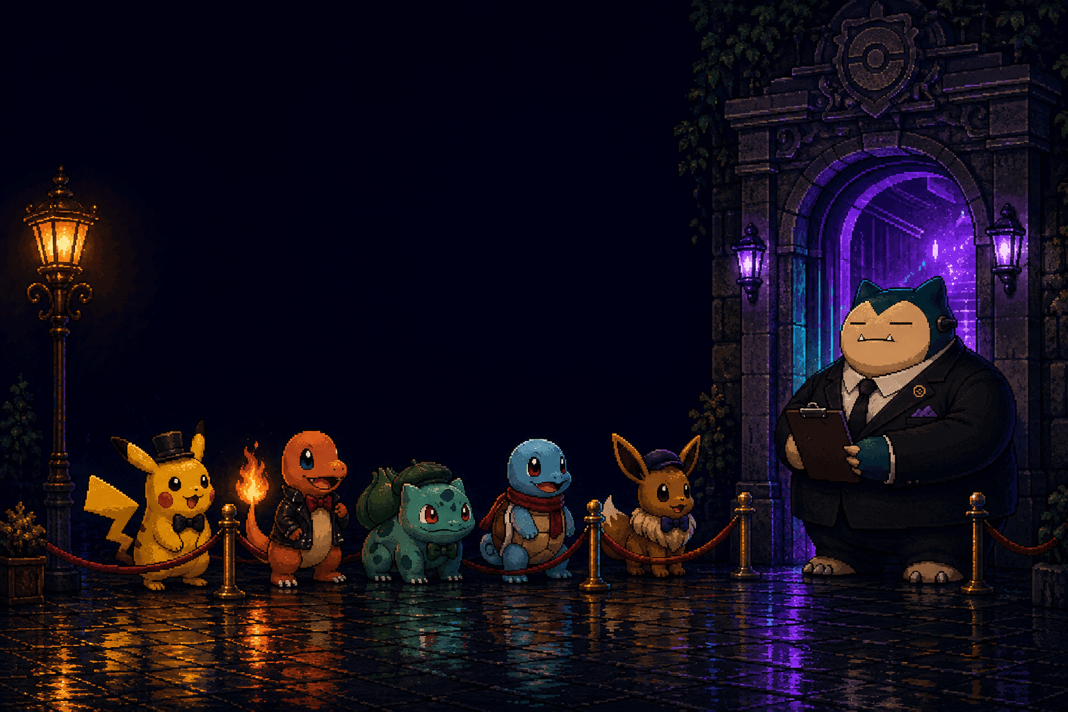 Pikachu, Charmander, Bulbasaur, Squirtle, and Eevee waiting outside a card club with a Snorlax bouncer